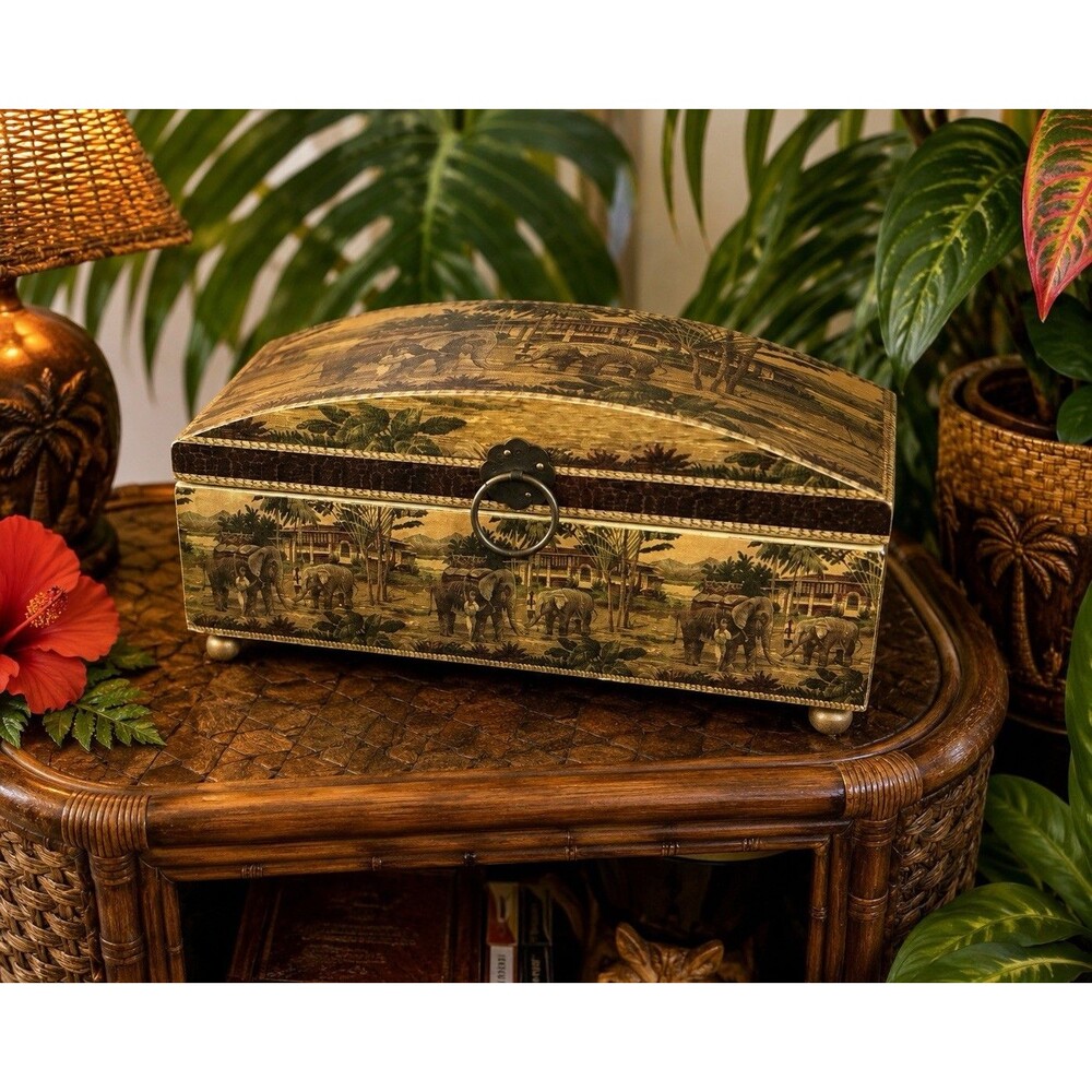Wood Keepsake Chest Box Jungle Elephant Design Hinge Lid Decorative Storage Case